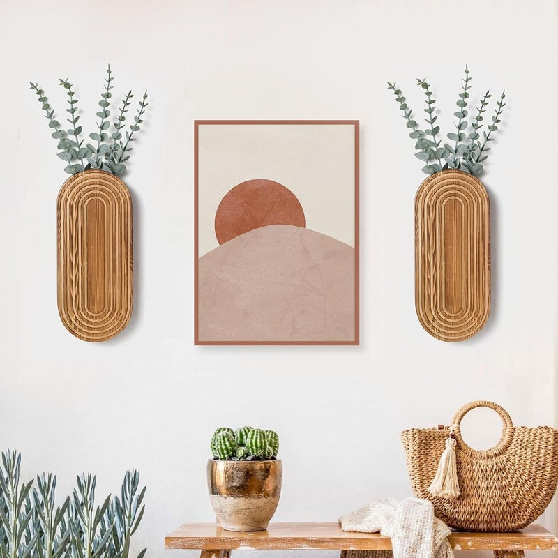 Mokof 2 Pack Carved Wood Wall Planters with Fake Eucalyptus Stems for Wall Decor - Boho Wooden Wall Art for Living Room, Bedroom, Bathroom (Brown) - Image 2